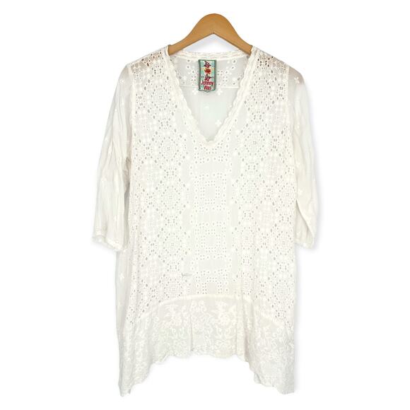 Johnny Was | Medium | White Lace Embroidered Eyelet 3/4 Sleeve Tunic Cover-Up - Picture 1 of 8